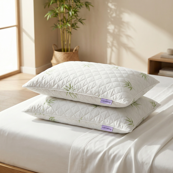 Calmisleep Bamboo Quilted Pillow Cases stacked on bed with bamboo leaf print